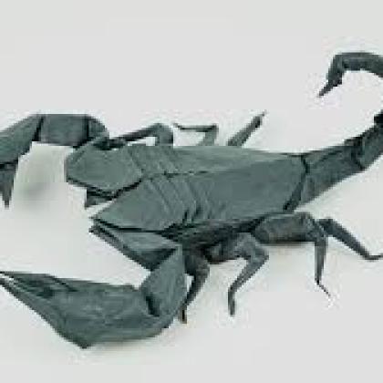 The image displays a highly detailed origami sculpture of a scorpion, crafted from dark-colored paper. The model is intricately folded, showcasing realistic features such as sharp pincers, eight segmented legs, and a curled tail poised in a striking position. The paper's texture and folds give the scorpion a lifelike appearance, emphasizing the precision and artistry involved in its creation. The background is neutral, allowing the origami figure to stand out prominently