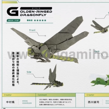 Original dragonfly model designed and folded by Nakamura Kaede, showing the original single dragonfly design before interpretation.
